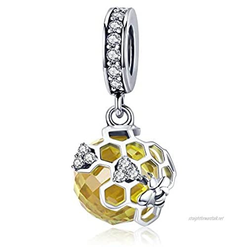 Bee Honeycomb Trendy 925 Sterling Silver Honeycomb Bee Pendant Yellow CZ Cubic Zircon Charm fit Charm Bracelet DIY Jewellery