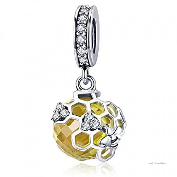 Bee Honeycomb Trendy 925 Sterling Silver Honeycomb Bee Pendant Yellow CZ Cubic Zircon Charm fit Charm Bracelet DIY Jewellery