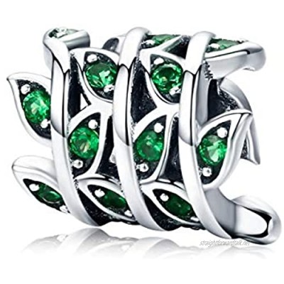 FeatherWish Family Tree Of Life Green Tree Leaves 925 Sterling Silver Sliding Bead Charm With Green Cubic Zirconia Compatible With Pandora Bracelet Or Necklace