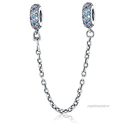 Pink and Blue Safety Chain Real 100% 925 Sterling Silver Pink and Blue CZ Round Safety Chain Charm Fit Charm Bracelet DIY Jewelry Making