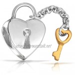 Two Tone Heart Shape Lovers Lock & Key Charm Bead For Women Girlfriend 14K Gold Plated .925 Sterling Silver Fits European Bracelet