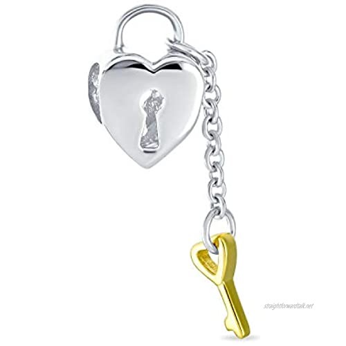 Two Tone Heart Shape Lovers Lock & Key Charm Bead For Women Girlfriend 14K Gold Plated .925 Sterling Silver Fits European Bracelet