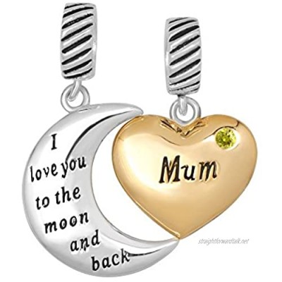 UNIQUEEN Heart Mum I Love You to The Moon and Back Sterling Silver Charm Fit Bracelet Charms