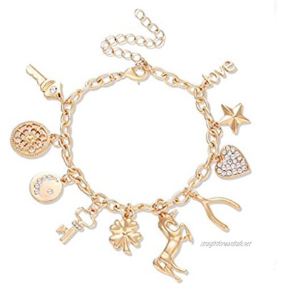 ALEXY Women's Charm Bracelet Polished Unicorn Star Clover Drops Rhinestone Paved Heart Pendant Bangle Bracelets