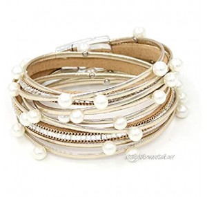COLORFUL BLING Shinning Multilayered Leather Pearl Clasp Wrap Bracelets Clasp Bangle for Women Girls