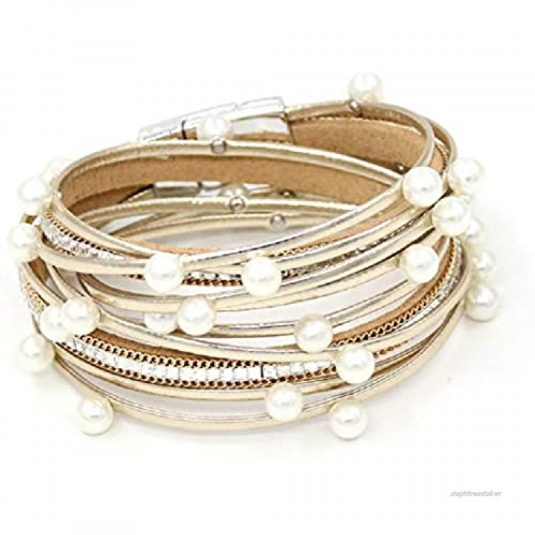COLORFUL BLING Shinning Multilayered Leather Pearl Clasp Wrap Bracelets Clasp Bangle for Women Girls