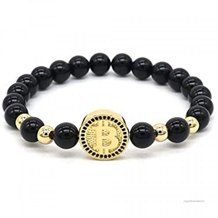 Giwotu Womens Mens Gun Black Luxury Bitcoin Bracelet Men Black Onyx Beaded Bracelets for Men Pulseira Masculina BT-11