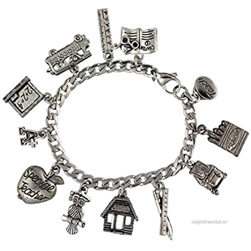 Special Teacher Stainless Steel & Pewter Charm Bracelet- Education Themed Charms- Size XS-XL