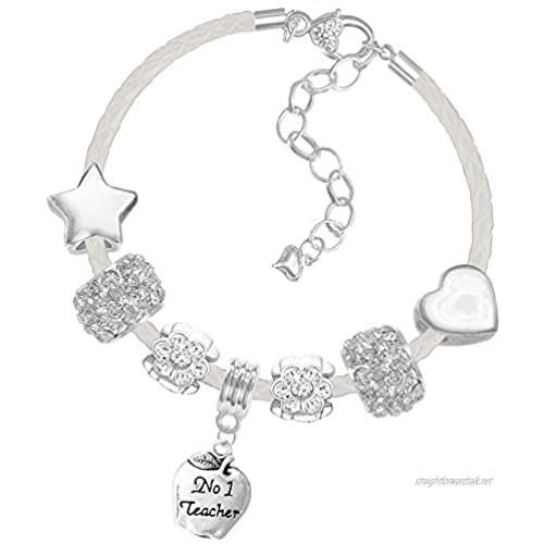 Thank You Teacher Greeting Card and White Leather Charm Bracelet Gift Set
