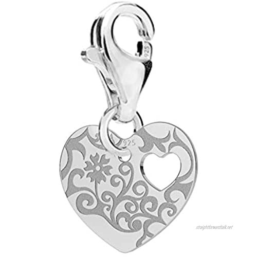 FASHIONS FOREVER® 925 Sterling Silver Engraved Floral Heart Lobster Clasp Clip-On Charm Handmade In UK