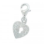 HEART & LOCK Cubic Zirconia (CZ) Set Sterling Silver Clip-On Charm - for Thomas Sabo Style Charm Bracelets
