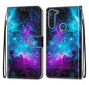 Nadoli Case Leather for Moto G8 Power Colorful Painted Purple Starry Sky Wrist Strap ID Card Holder Magnetic Closurer Kickstand Wallet Flip Cover