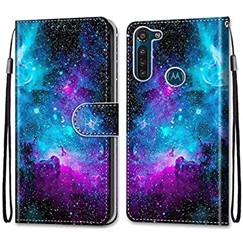 Nadoli Case Leather for Moto G8 Power Colorful Painted Purple Starry Sky Wrist Strap ID Card Holder Magnetic Closurer Kickstand Wallet Flip Cover