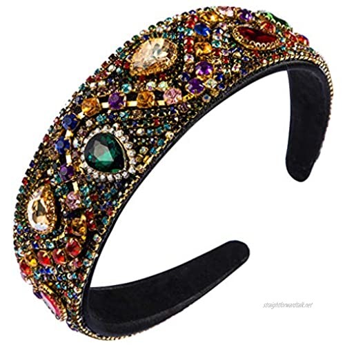 GREEN&RARE Luxury Women Headband Colorful Rhinestone Bandana Water Drop Faux Crystal Inlaid Wide Hair Hoop for Wavy Chain Shimmer Jewelry Gifts