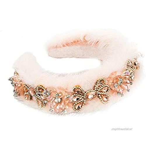 Vintage Luurious Jewelry Headband Winter Women Fluffy Plush Sponge Padded Hoop Crystal Floral Prom Bandana Headdress Jewelry Gifts TINGG (Color : PK)