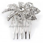 Avalaya Bridal/Prom/Wedding/Party Rhodium Plated Clear Austrian Crystal Daisy Flower Side Hair Comb - 55mm Width