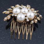 Avalaya Bridal/Wedding/Prom/Party Antique Gold Tone Clear Crystal Simulated Pearl Cluster Hair Comb - 60mm