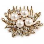 Avalaya Bridal/Wedding/Prom/Party Antique Gold Tone Clear Crystal Simulated Pearl Cluster Hair Comb - 60mm