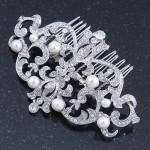 Avalaya Bridal/Wedding/Prom/Party Art Deco Style Rhodium Plated White Simulated Pearl and Austrian Crystal Hair Comb - 95mm W