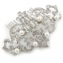 Avalaya Bridal/Wedding/Prom/Party Art Deco Style Rhodium Plated White Simulated Pearl and Austrian Crystal Hair Comb - 95mm W