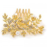 Avalaya Bridal/Wedding/Prom/Party Bright Gold Tone Metal Clear Austrian Crystal Glass Pearl Floral Side Hair Comb - 70mm