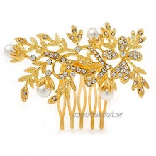 Avalaya Bridal/Wedding/Prom/Party Bright Gold Tone Metal Clear Austrian Crystal Glass Pearl Floral Side Hair Comb - 70mm