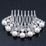 Avalaya Bridal/Wedding/Prom/Party Dome Shaped Rhodium Plated White Simulated Pearl Bead and Diamante Hair Comb - 65mm