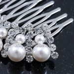 Avalaya Bridal/Wedding/Prom/Party Dome Shaped Rhodium Plated White Simulated Pearl Bead and Diamante Hair Comb - 65mm