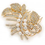 Avalaya Bridal/Wedding/Prom/Party Gold Plated Clear Austrian Crystal Glass Pearl Floral Side Hair Comb - 80mm