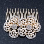 Avalaya Bridal/Wedding/Prom/Party Gold Plated Clear Austrian Sculptured Double Flower Crystal/Simulated Pearl Hair Comb - 75mm