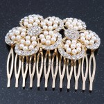 Avalaya Bridal/Wedding/Prom/Party Gold Plated Clear Austrian Sculptured Double Flower Crystal/Simulated Pearl Hair Comb - 75mm