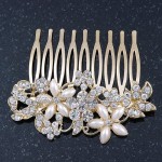 Avalaya Bridal/Wedding/Prom/Party Gold Plated Clear Crystal and Light Cream Simulated Pearl Floral Hair Comb - 50mm