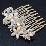 Avalaya Bridal/Wedding/Prom/Party Gold Plated Clear Crystal and Light Cream Simulated Pearl Floral Hair Comb - 50mm