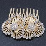 Avalaya Bridal/Wedding/Prom/Party Gold Plated Clear Diamante Sculptured Double Flower Crystal Hair Comb - 65mm