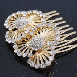 Avalaya Bridal/Wedding/Prom/Party Gold Plated Clear Diamante Sculptured Double Flower Crystal Hair Comb - 65mm