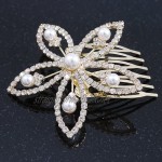 Avalaya Bridal/Wedding/Prom/Party Gold Plated Clear Diamante Sculptured Flower Crystal Hair Comb - 65mm