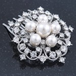 Avalaya Bridal/Wedding/Prom/Party Rhodium Plated Austrian Clear Crystal Simulated Glass Pearl 'Open Flower' Hair Comb - 55mm