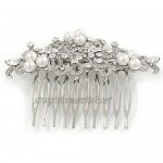 Avalaya Bridal/Wedding/Prom/Party Rhodium Plated Clear Austrian Crystal Faux Pearl Floral Side Hair Comb - 90mm