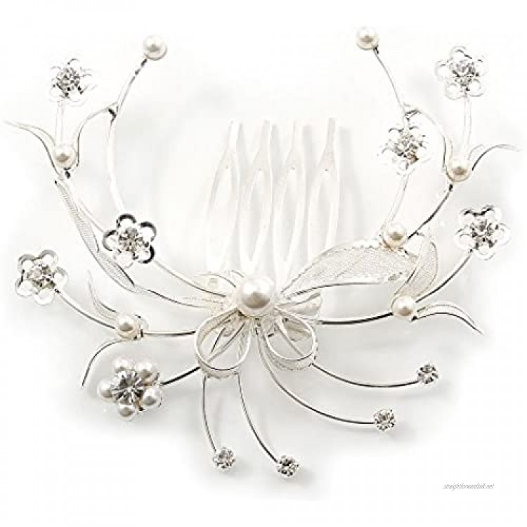 Avalaya Bridal/Wedding/Prom/Party Rhodium Plated Clear Austrian Crystal/Simulated Pearl Floral Hair Comb - 75mm