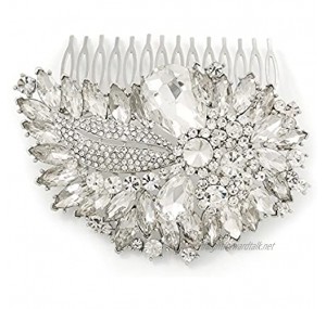 Avalaya Bridal/Wedding/Prom/Party Rhodium Plated Clear Diamante Sculptured Leaf Crystal Hair Comb - 100mm