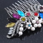 Avalaya Bridal/Wedding/Prom/Party Rhodium Plated Multicoloured Austrian Crystal Faux Pearl Floral Hair Comb - 10cm W
