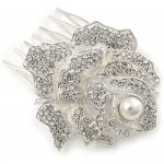 Avalaya Bridal/Wedding/Prom/Party Silver Tone Clear Austrian Crystal Rose Side Hair Comb - 60mm