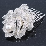 Avalaya Bridal/Wedding/Prom/Party Silver Tone Clear Austrian Crystal Rose Side Hair Comb - 60mm