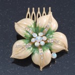 Avalaya Gold Plated Pale Yellow/Green Enamel AB Crystal 'Flower' Hair Comb - 55mm