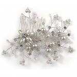 Avalaya Handmade Bridal/Wedding/Prom/Party Silver Tone Clear Crystal Faux Glass Pearl Flower and Butterfly Side Hair Comb - 90mm