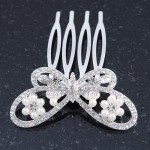 Avalaya Small Bridal/Wedding/Prom/Party Rhodium Plated Clear Crystal Pearl Butterfly Hair Comb - 45mm
