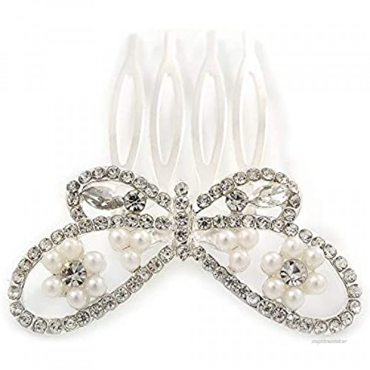 Avalaya Small Bridal/Wedding/Prom/Party Rhodium Plated Clear Crystal Pearl Butterfly Hair Comb - 45mm