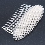 Bridal/Wedding/Prom/Party Rhodium Plated Clear Austrian Crystal Light Cream Simulated Pearl 'Oval' Hair Comb - 90mm