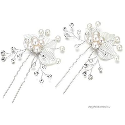 Clearine Wedding Bridal Hair Pin Set Simulated Pearl Crystal Enamel Leaf Hair Pin for Women Clear Silver-Tone (2 Pcs)