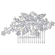 EVER FAITH Austrian Crystal Simulated Pearl Bridal Flower Leaf Branch Hair Comb Clear Silver-Tone